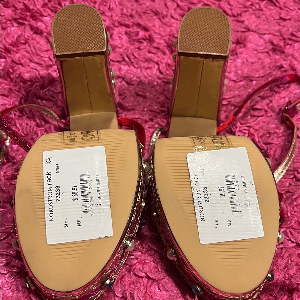 Nordstrom AZALEA WANG - Red Jeweled Platform Sandals w/ Crystal Accents, (SZ.7) - Picture 5 of 12